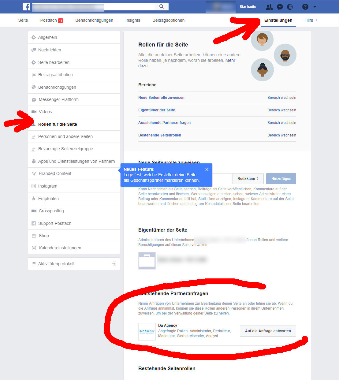 Facebook verwaltete Seite: Unter Einstellungen -> Rollen... -> facebook business manager anfrage bestätigen und Zugriff gewähren