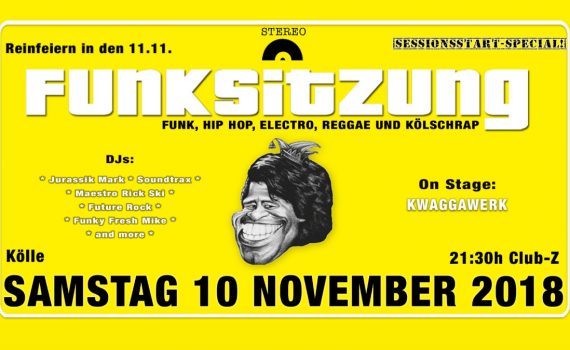 Funksitzung Sessionsstart Reinfeiern in den 11.11. im Club Z im Zimmermann's mit Funk, Hip Hop, Electro, Reggae un Kölschrap
