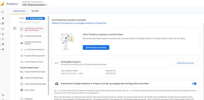 assistent zur einrichtung einer GA4 property properties sind jetzt verknuepft