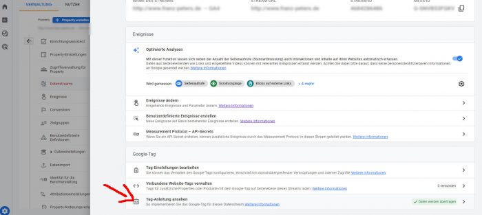ga4 property datenstream verknuepfen tag anleitung menupunkt unten