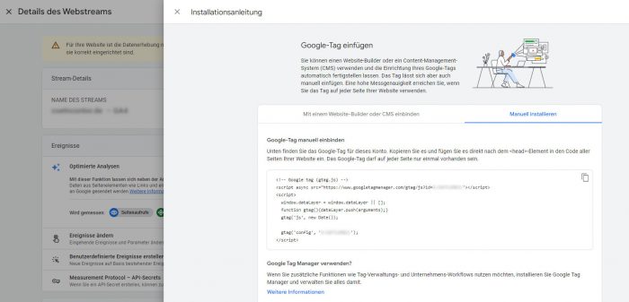 ga4 property datenstream verknuepfen tag installationsanleitung manuell installieren