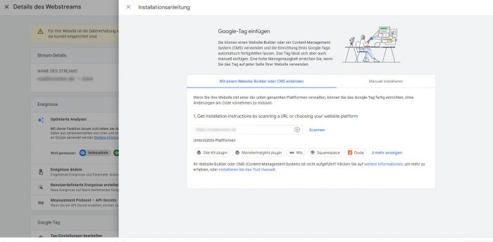 ga4 property datenstream verknuepfen tag installationsanleitung websitebuilder cms