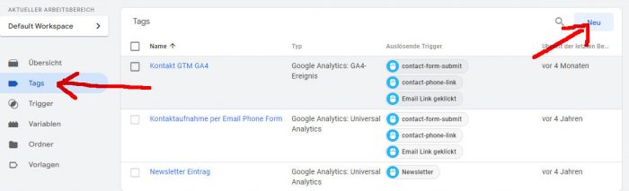 Zielvorhaben aus Tag Manager in Google Analytics GA4-Property als Conversion tracken