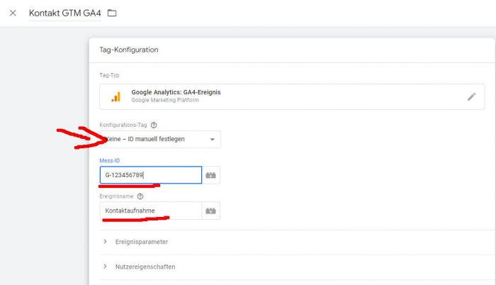 google tag-manager tag konfiguration - ereignisname und mess-id