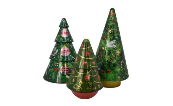Dekorative Tannenbaum-Dosen, teils mit integrierter Spieluhr und Christbaumschmuck - Die Dosenprofis aus Dettingen stellen ihre neuen Weihnachtsdosen vor
