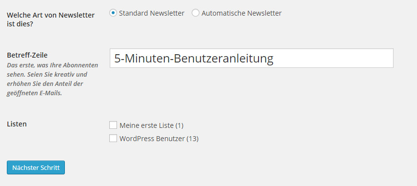 wordpress user manual - backend newsletter neu erstellen schritt 1